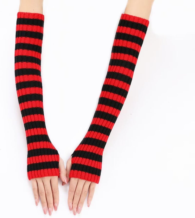 Sumleno Long Fingerless Gloves Knitted Y2k Striped Arm Warmers for Women Girls Punk Gothic Emo Scene Grunge Accessories - Image 2